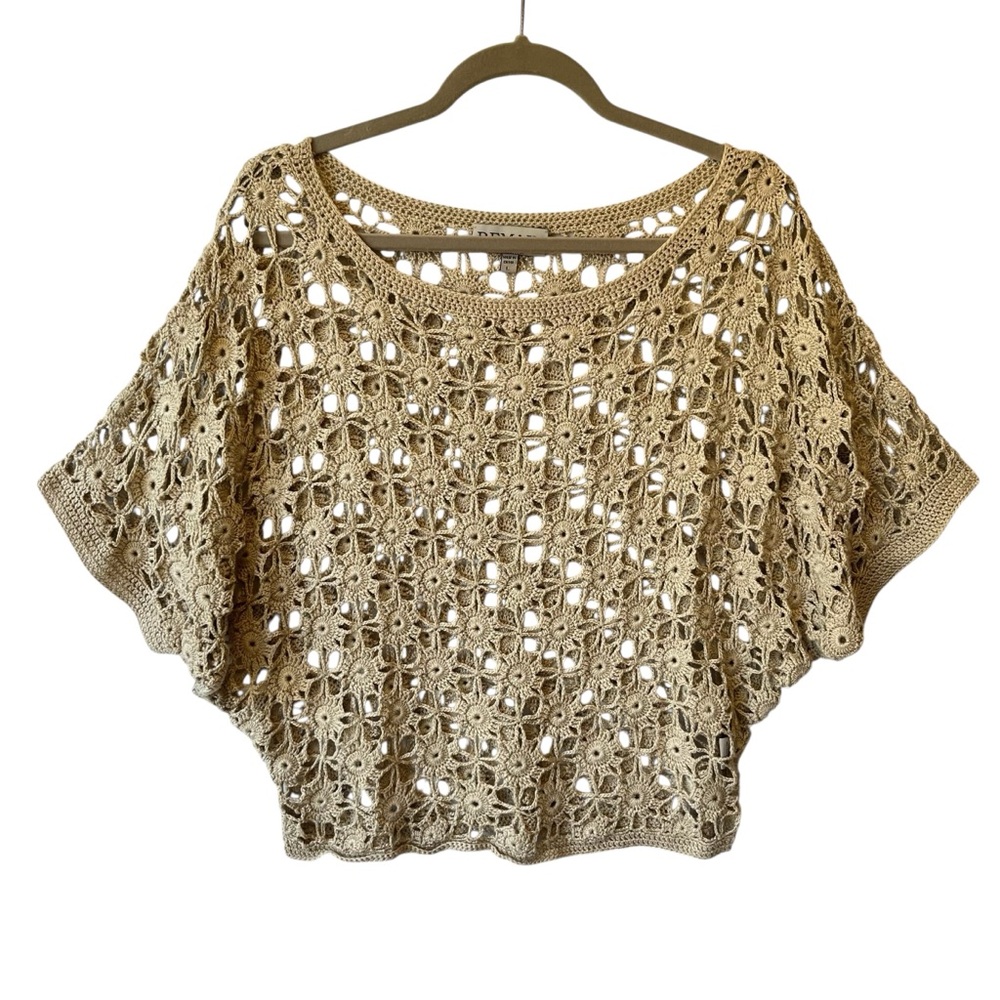 Remain crochet knit top Large Beige Open knit Short sleeves Round neck Womens